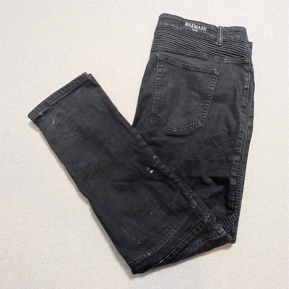 BALMAIN PARIS Men's Black Distressed Biker Jeans 40x34 Made in Italy Denim Flaws